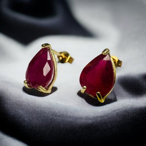 10k Gold Ruby Earrings Natural 2.8 CTTW Pear Cut Earth Mined Ruby Stud Earrings - Picture 16 of 16